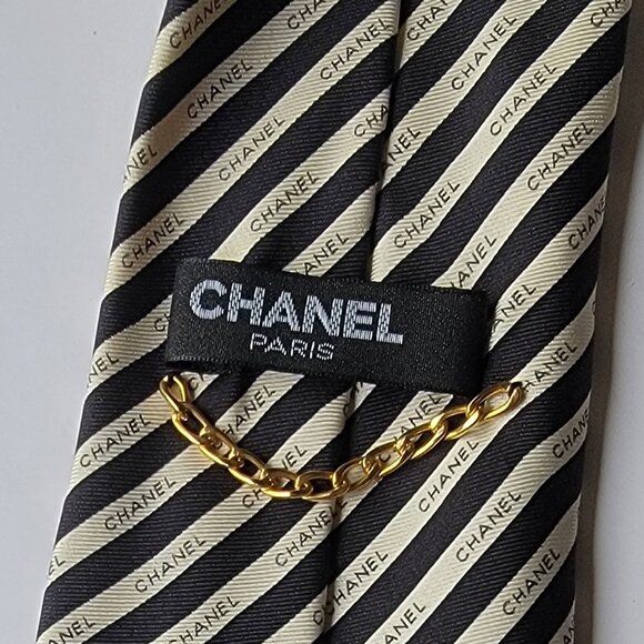 CHANEL Men's Vintage Tie 100% Silk Made in Italy black & white stripes w CHANELs - Picture 2 of 5